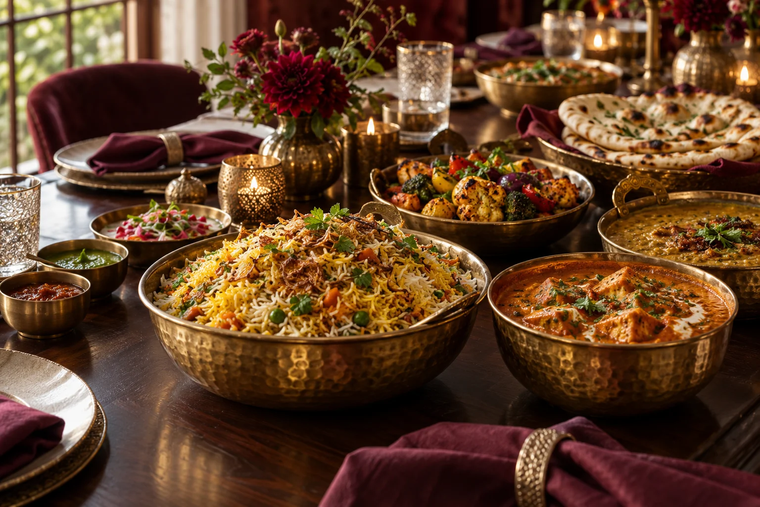 An Indian celebration feast with saffron biryani, paneer, dal, naan, and chutneys in brass serving bowls